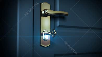 Key unlocking lock and door opening to a bright light. HD 1080. Alpha mask included