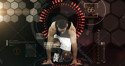 Athlete running from the starting block against animated background