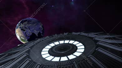Animated ufo flying to city lighted earth 4K