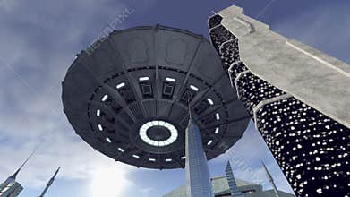 Sensational UFO hoovering above a sci-fi city 4K