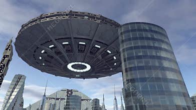 UFO flying above futuristic city 4K