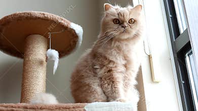 Persian cat sitting on cat tree and playing with people