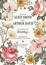 Wedding invitation. Beautiful flowers Chamomile Rose hibiscus mallow. Vintage greeting card. Frame. Drawing engraving.