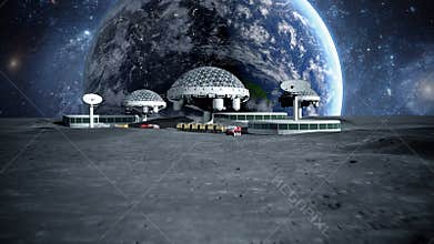 Futuristic city, town on moon. The space view of the planet earth. 3d rendering
