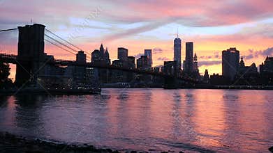 View on the Brooklyn Bridge and Manhattan, sunset