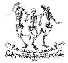 Happy halloween dancing skeletons isolated vector illustration