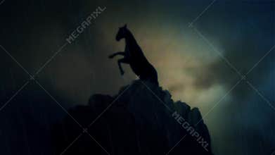 An Epic Stallion Horse Standing on a Cliff Under a Lightning Storm in Slow Motion