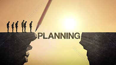 Pencil write 'PLANNING', connecting the cliff. Businessman crossing the cliff, business concept.