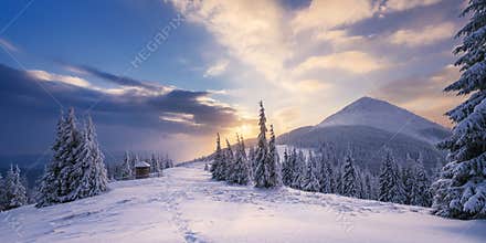 Winter Landscape with a dawn in mountains