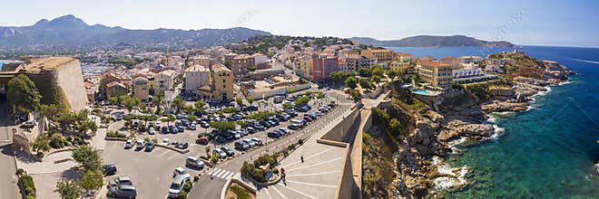 Beautiful Corsica coastline and historic houses in Calvi