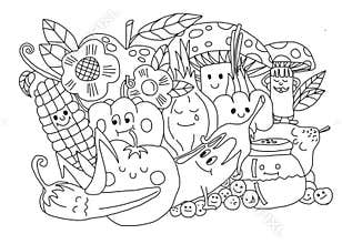 coloring book for children and adults, with illustrated vegetables and fruits