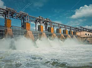 Hydropower Plant on the Nistru river in Dubasari Dubossary, Moldova. Hydro power station, water dam, renewable electric energy
