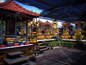 Holy Gold Color Balinese Shrines In The Middle Of The Temple At Patemon Village