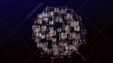 Digital composite video of web of connections with numbers and pictures of people