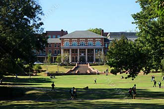 College campus.  Students walking to class