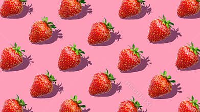 Flat lay composition with strawberry berry on pink background