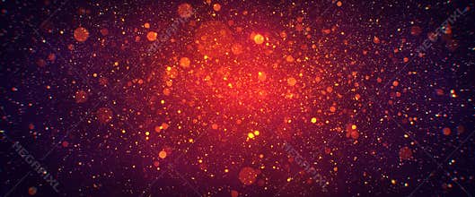 Golden particles shining stars dust bokeh glitter awards dust abstract background. Futuristic glittering in space on red and blue