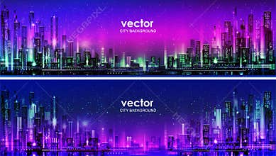 Vector night city illustration with neon glow and vivid colors