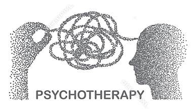 Psychotherapy concept illustration with hands untangling messy snarl knot, vector illustration with particle divergent