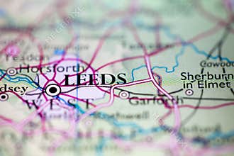 Shallow depth of field focus on geographical map location of Leeds city England United Kingdom Great Britain Europe continent on a