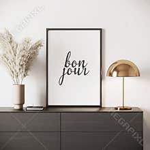 3d modern mockup with frame on a sideboard and pampas grass