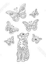 Cat with butterlies, adult coloring page