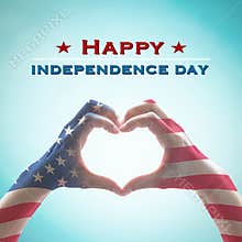 Happy independence day 4th of July with National America flag pattern on people hands in heart shape