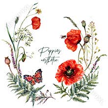 Watercolor Summer Meadow Wildflowers and Poppies Wreath
