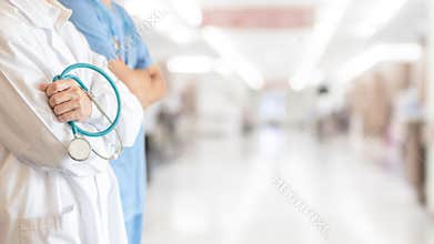 Surgeon and anesthetist doctor ER surgical team with medical clinic room background for emergency nursing care professional team
