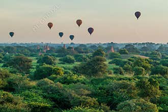 Balloons over Bagan and the skyline of its temples, Myanm