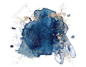 Abstract watercolor blue and gold shapes on white background. Color splashing hand drawn vector
