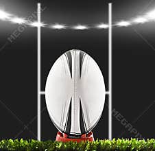 A rugby ball on a rugby field