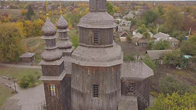 Aerial ancient wooden Cossacks St George Church in Ukrainian village Sedniv near Chernihiv