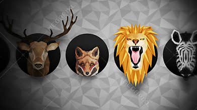 Collection of different animals. Zoo symbol. Low polygon icons. Lion, Gorilla, Zebra, Raccoon, Fox, Elephant, Deer, Owl. Geometric