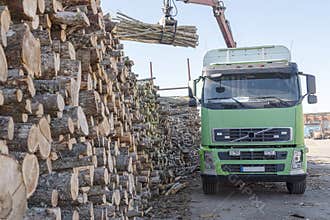 Truck loading firewood into wood warehouse