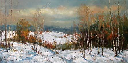 Oil painting on canvas. Winter