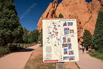 Colorado Springs, Colorado - September 14, 2020: Hiking trail map of Garden of the Gods park, of the Central Garden area