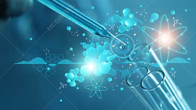 Scientists are experimenting and research with molecule model, DNA, Science background with molecules and atoms in the laboratory