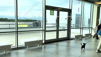 A girl with a dog and other passengers walk down the corridor at Pulkovo airport.