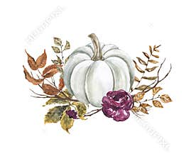 Watercolor white pumpkin and fall leaves illustration. Floral autumn arrangement, isolated