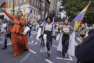 Black Lives Matter Protesters with Gay pride flags in West Village in Manhattan, NYC