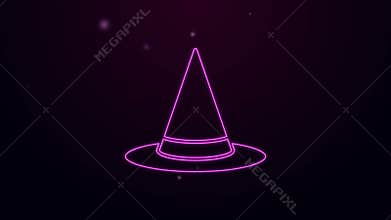 Glowing neon line Witch hat icon isolated on purple background. Happy Halloween party. 4K Video motion graphic animation