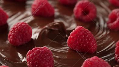 Melted chocolate and raspberry rotating. close up