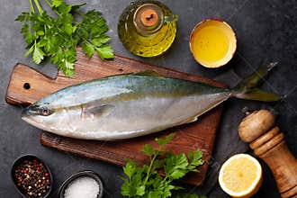 Raw fish cooking. Seafood and ingredients