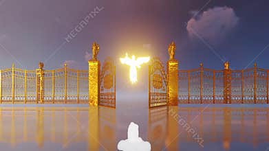 Golden gates of heaven opening to reveal glowing angel and flying doves