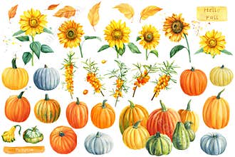 Autumn watercolor clipart. Pumpkins, sunflowers, sea buckthorn on a white isolated background.