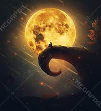 Imaginary night view with a lone man silhouette sitting on the edge of a peak against full moon and starry sky. Surreal place