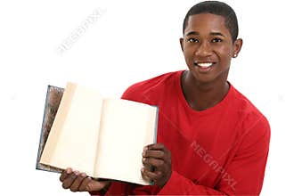 Attractive Young Man Holding Open Book with Blank Pages