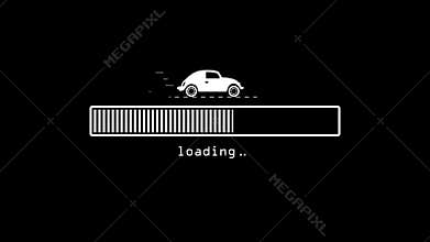 Loading bar with moving car on black background. Car moving on white loading bar. Unique loading.