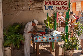 Mariscos Lupe sea-food booth downtown old Acapulco, Mexico